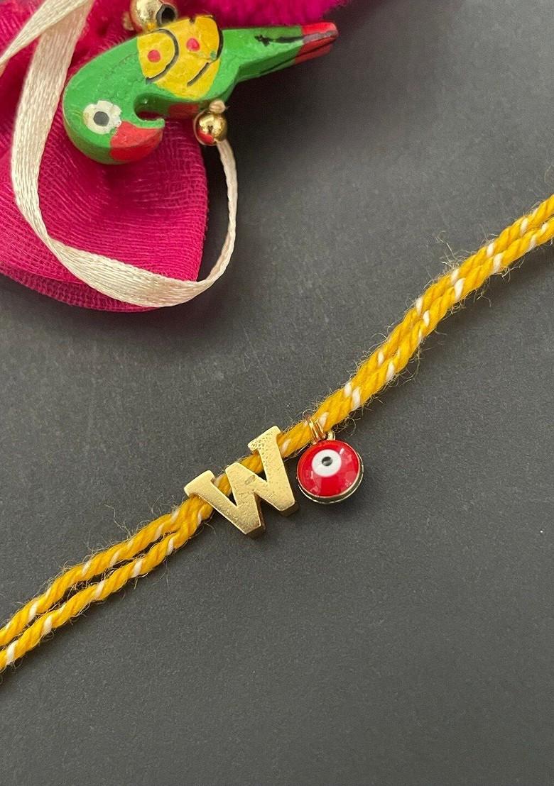 Gold Plated Letter "W Initial And Evil Eye Charm Rakhi - Indya
