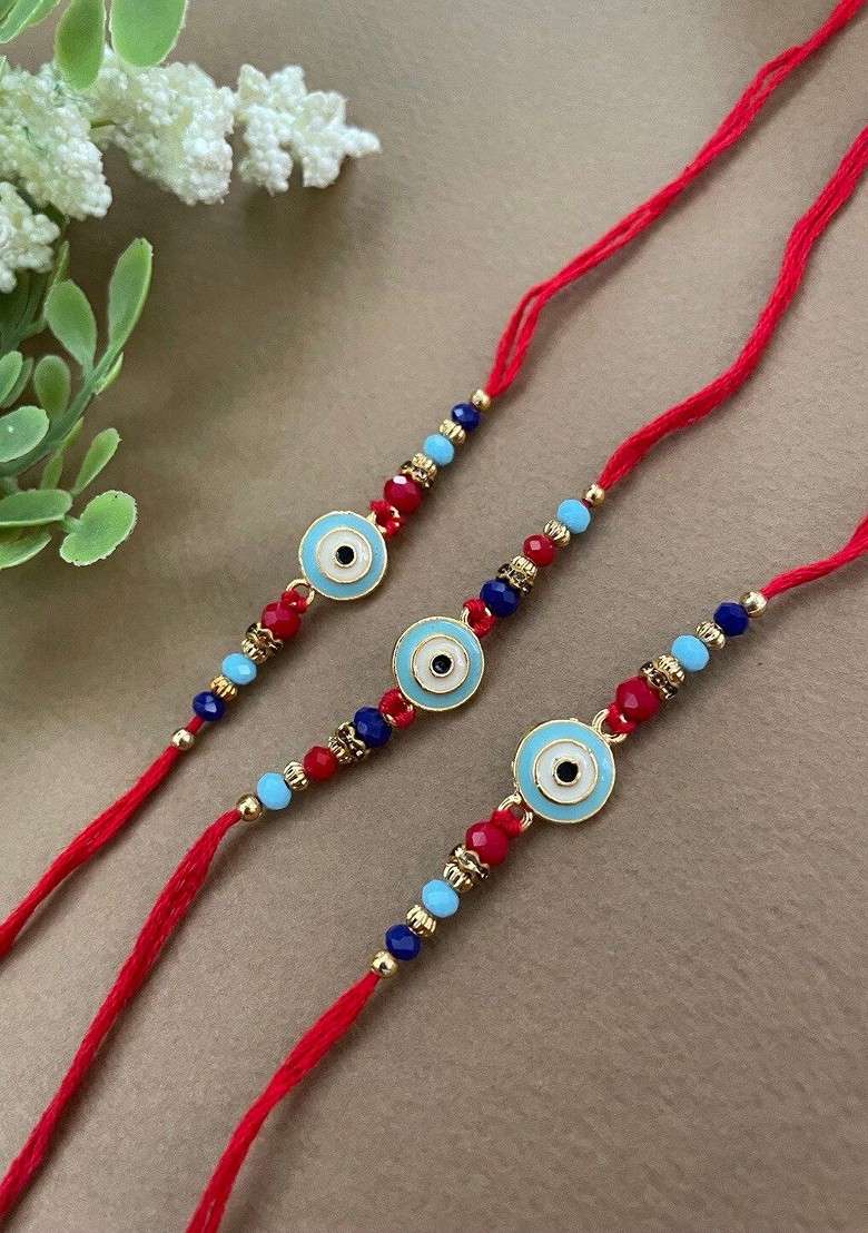 Set Of 3 Evil Eye Charm Beaded Rakhi - Indya