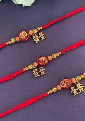 Set Of 3 Om And Beaded Thread Rakhis