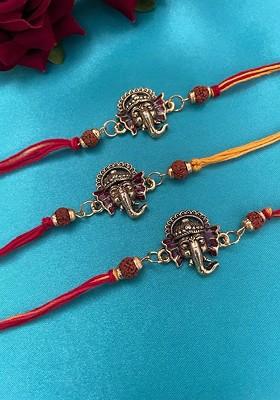 Set Of 3 Ganesha And Rudraksha Beaded Rakhi