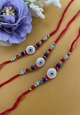 Set Of 3 Evil Eye Shaped And Beaded Thread Rakhis