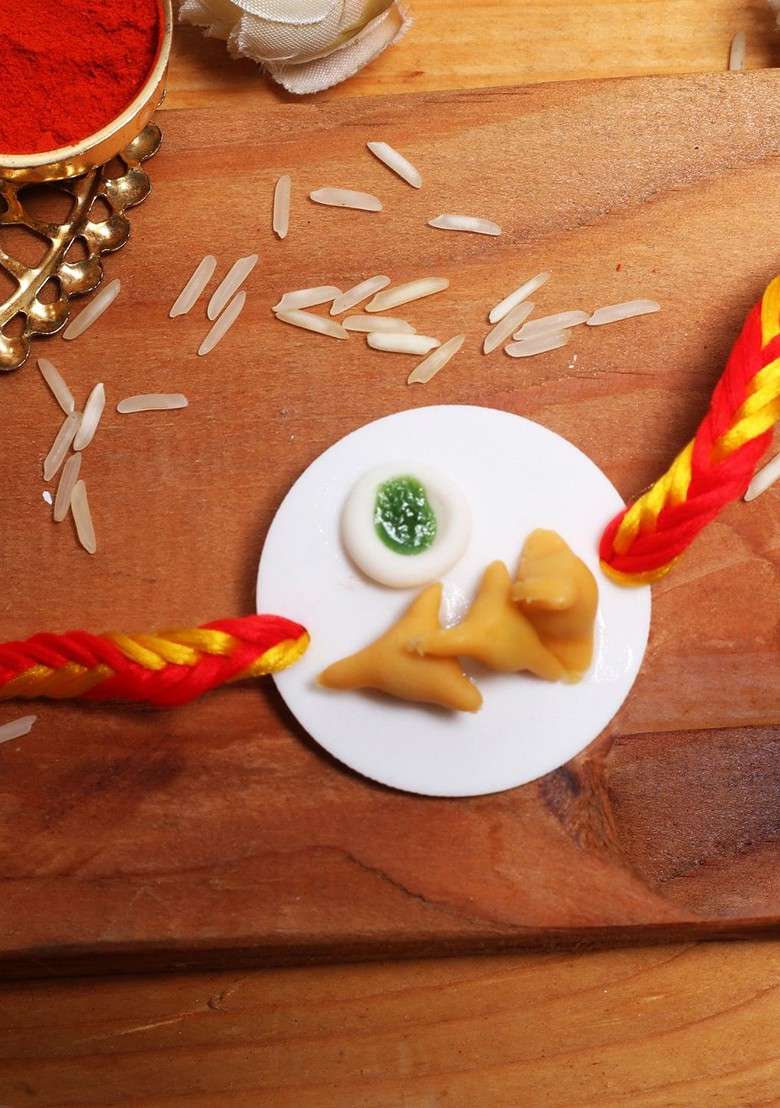 Kids Samosa Thread Rakhi With Roli Chawal - Indya