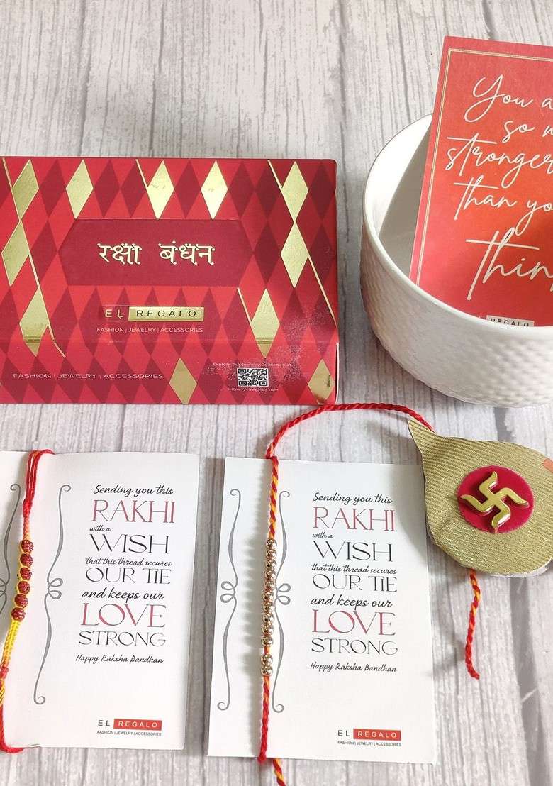 Set Of 2 Red And Yellow Beaded Rakhi With Roli Chawal - Indya