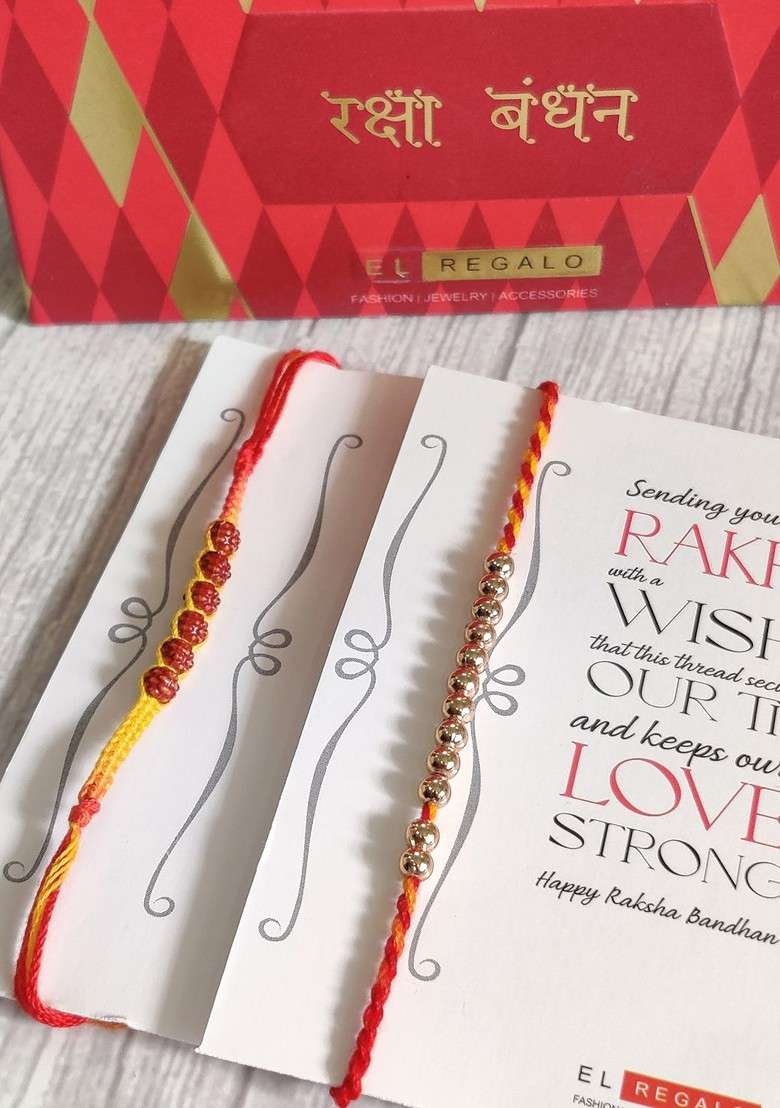 Set Of 2 Red And Yellow Beaded Rakhi With Roli Chawal - Indya