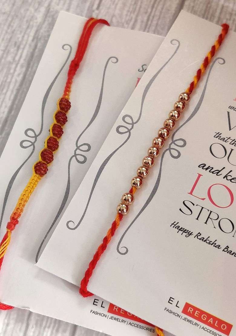 Set Of 2 Red And Yellow Beaded Rakhi With Roli Chawal - Indya