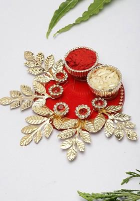 Red And Gold Tones Stone Studded Rakhi Plate