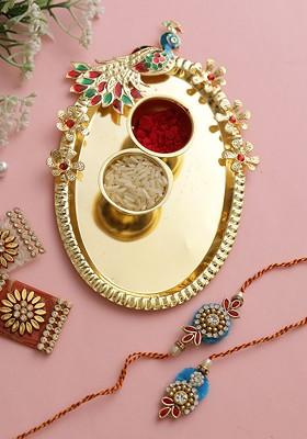 Red And Gold Toned Peacock Rakhi Gift Set