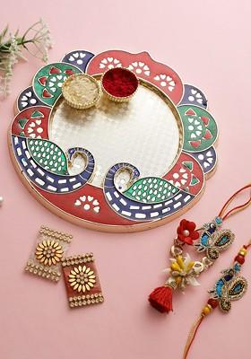 Set Of 2 Peacock Rakhi For Bhai Bhabhi With Roli Chawal Thali