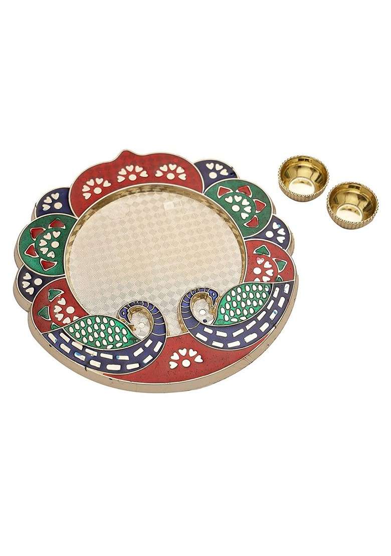 Set Of 2 Peacock Rakhi For Bhai Bhabhi With Roli Chawal Thali - Indya