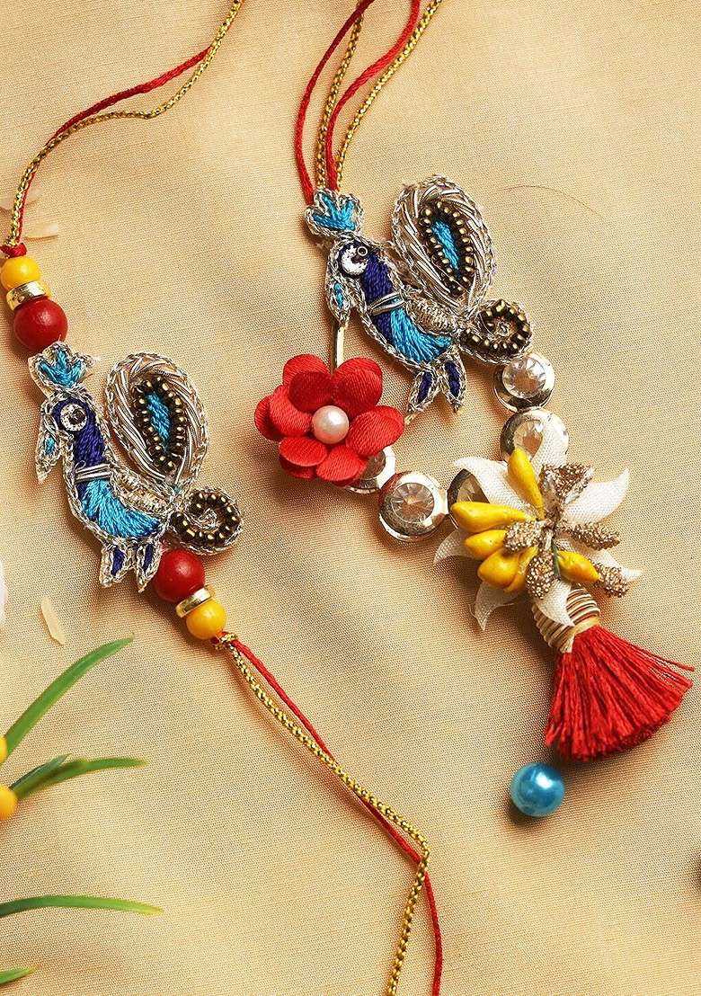 Set Of 2 Peacock Rakhi For Bhai Bhabhi With Roli Chawal Thali - Indya
