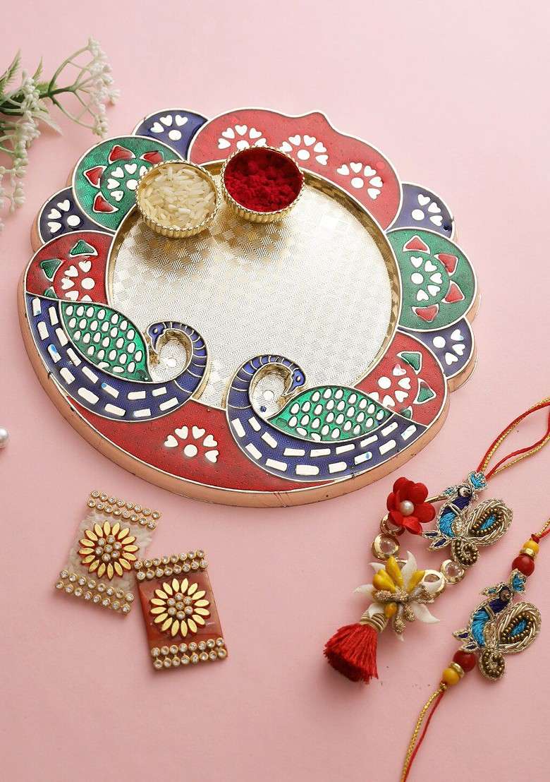 Set Of 2 Peacock Rakhi For Bhai Bhabhi With Roli Chawal Thali - Indya