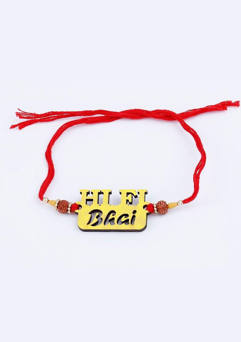 Gold Toned And Red 4 Rakhi With Roli Chawal And Greeting Card
