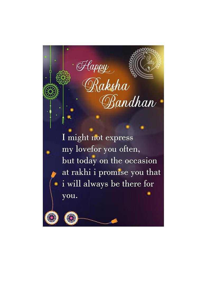 Gold Toned And Red 4 Rakhi With Roli Chawal And Greeting Card
