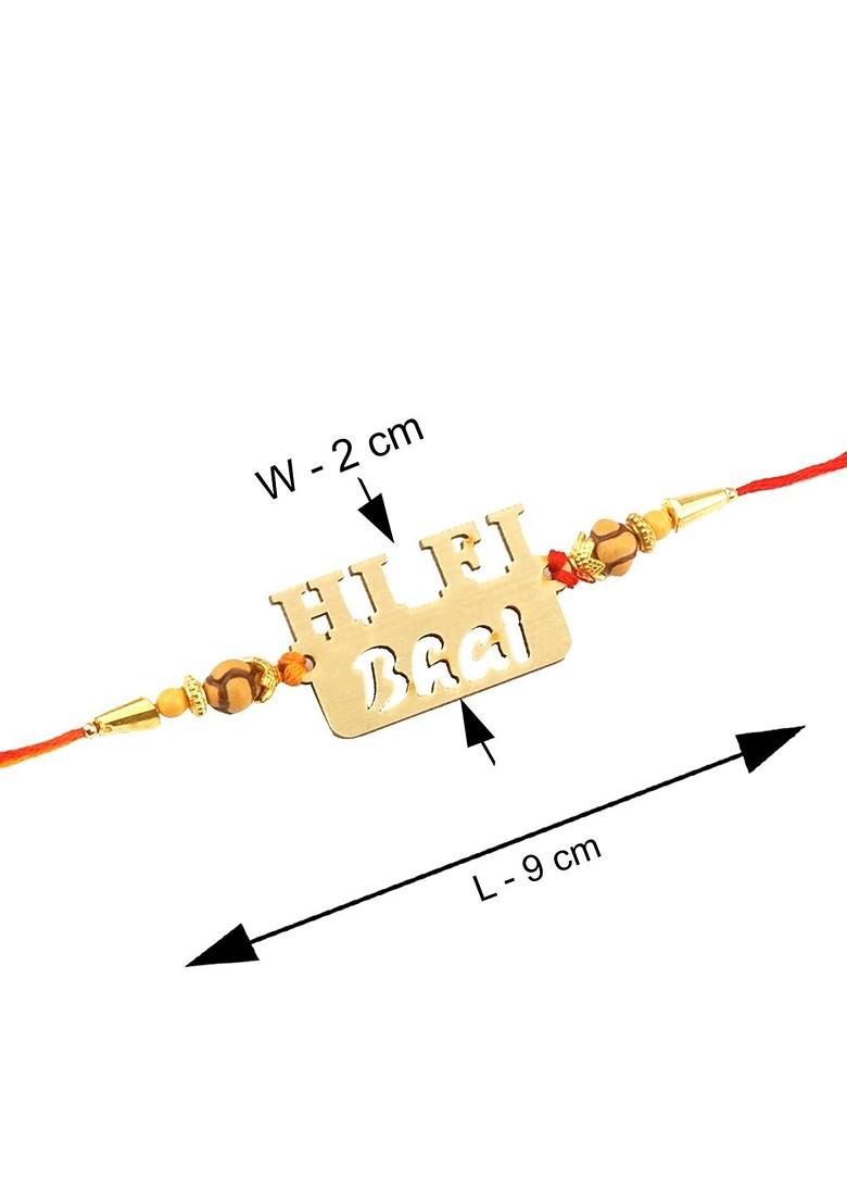 Gold Toned And Red 4 Rakhi With Roli Chawal And Greeting Card