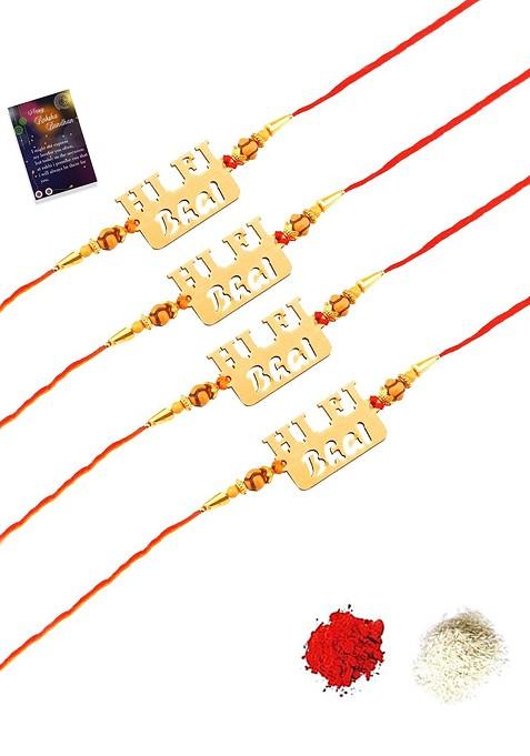 Gold Toned And Red 4 Rakhi With Roli Chawal And Greeting Card