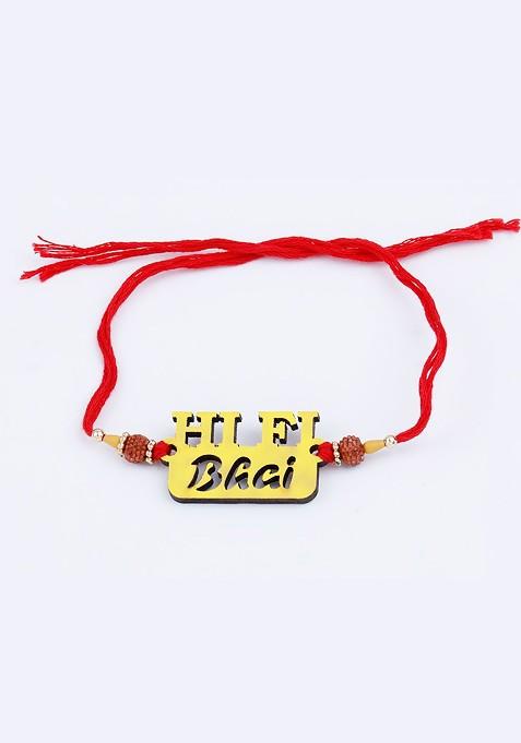 Gold Toned And Red 4 Rakhi With Roli Chawal And Greeting Card