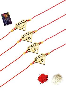 Red And Gold Toned 4 Pack Rakhi With Roli Chawal And Greeting Card