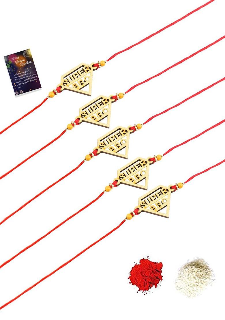 Gold Toned And Red Bhaiya Rakhi For Bhai With Roli Chawal And Greeting Card