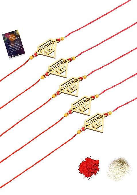 Gold Toned And Red Bhaiya Rakhi For Bhai With Roli Chawal And Greeting Card