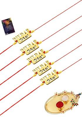 Gold Toned And Red Bhaiya Rakhi For Bhai With Roli Chawal Thali And Greeting Card
