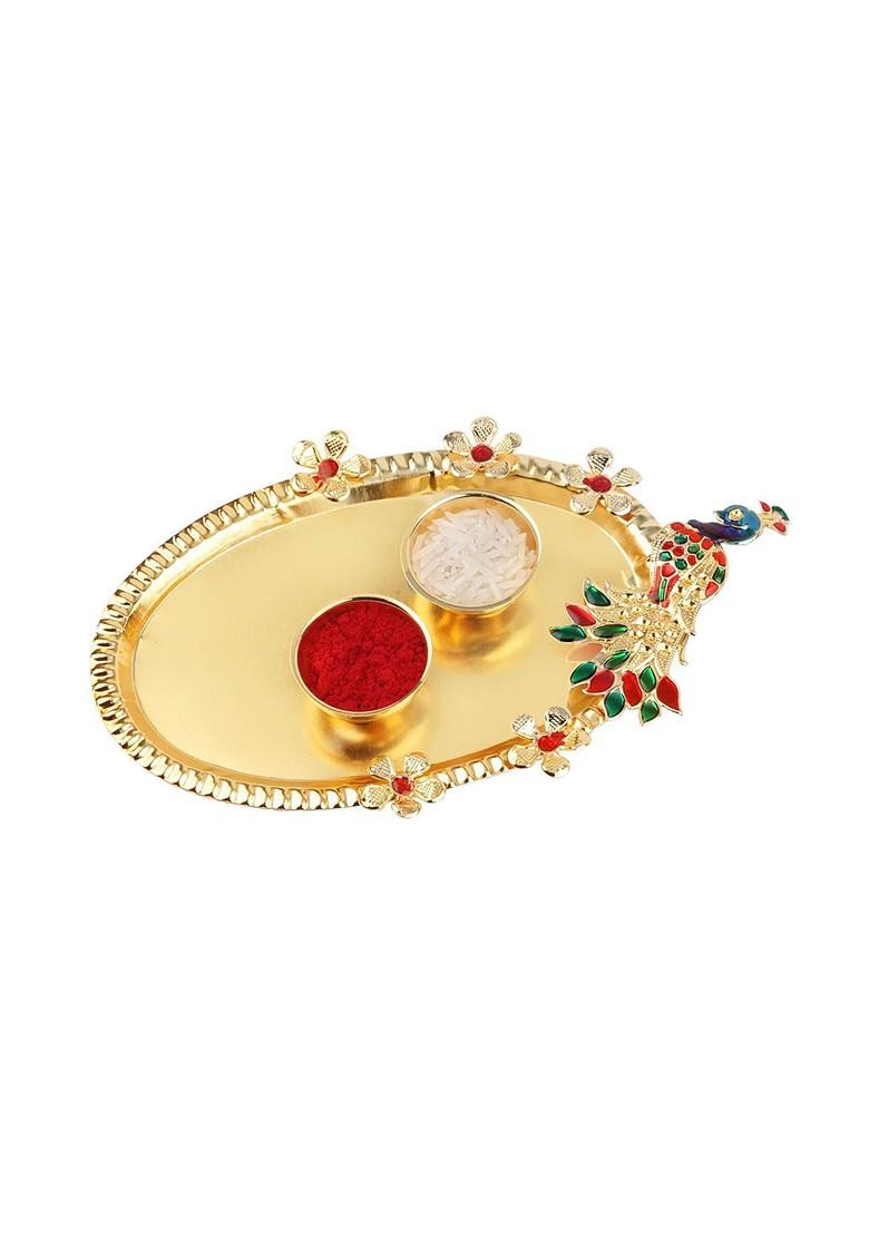 Gold Toned And Red Bhaiya Rakhi For Bhai With Roli Chawal Thali And Greeting Card