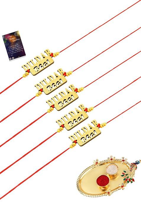 Gold Toned And Red Bhaiya Rakhi For Bhai With Roli Chawal Thali And Greeting Card
