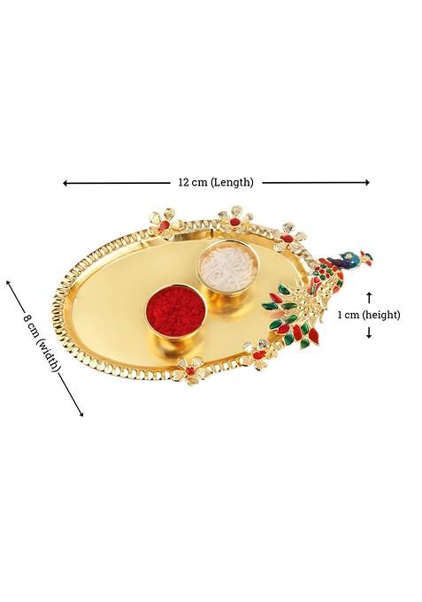 Gold Toned And Red Bhaiya Rakhi For Bhai With Roli Chawal Thali And Greeting Card