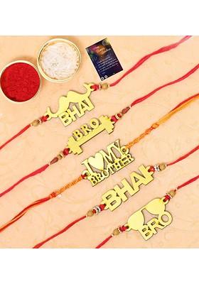 Pack Of 5 Multicoloured Rakhi With Roli Chawal And Greeting Card