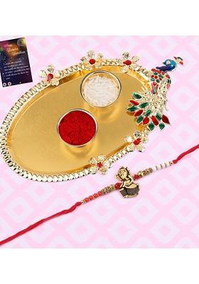 Red 1 Rakhi With Pooja Thali Roli Chawal And Greeting Card