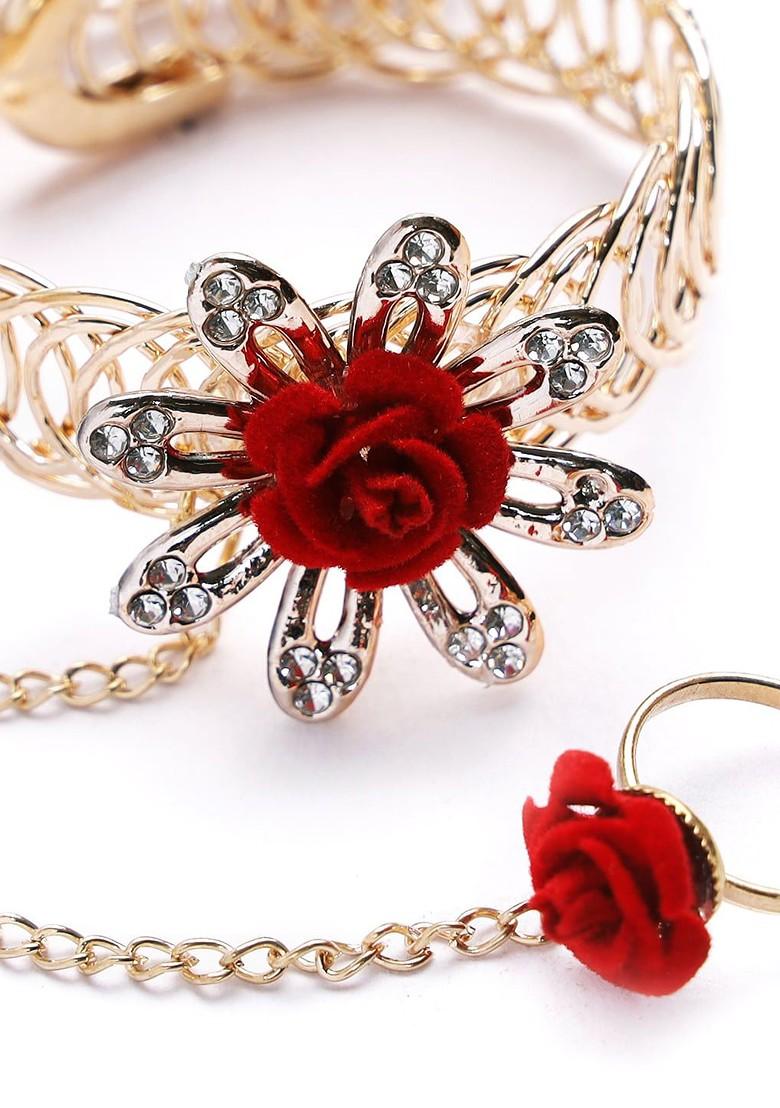 Unisex Red And Gold Flower Design Rakhi