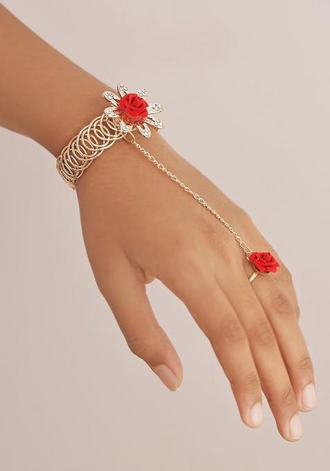 Unisex Red And Gold Flower Design Rakhi