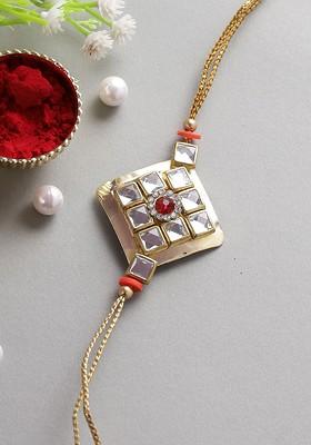 Gold Coloured And White Kundan Studded Thread Rakhi With Roli Chawal And Raksha Bandhan Greeting Card