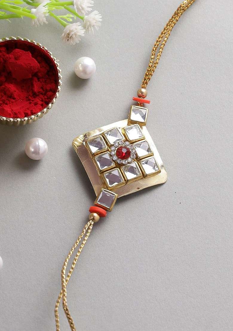 Gold Coloured And White Kundan Studded Thread Rakhi With Roli Chawal And Raksha Bandhan Greeting Card - Indya