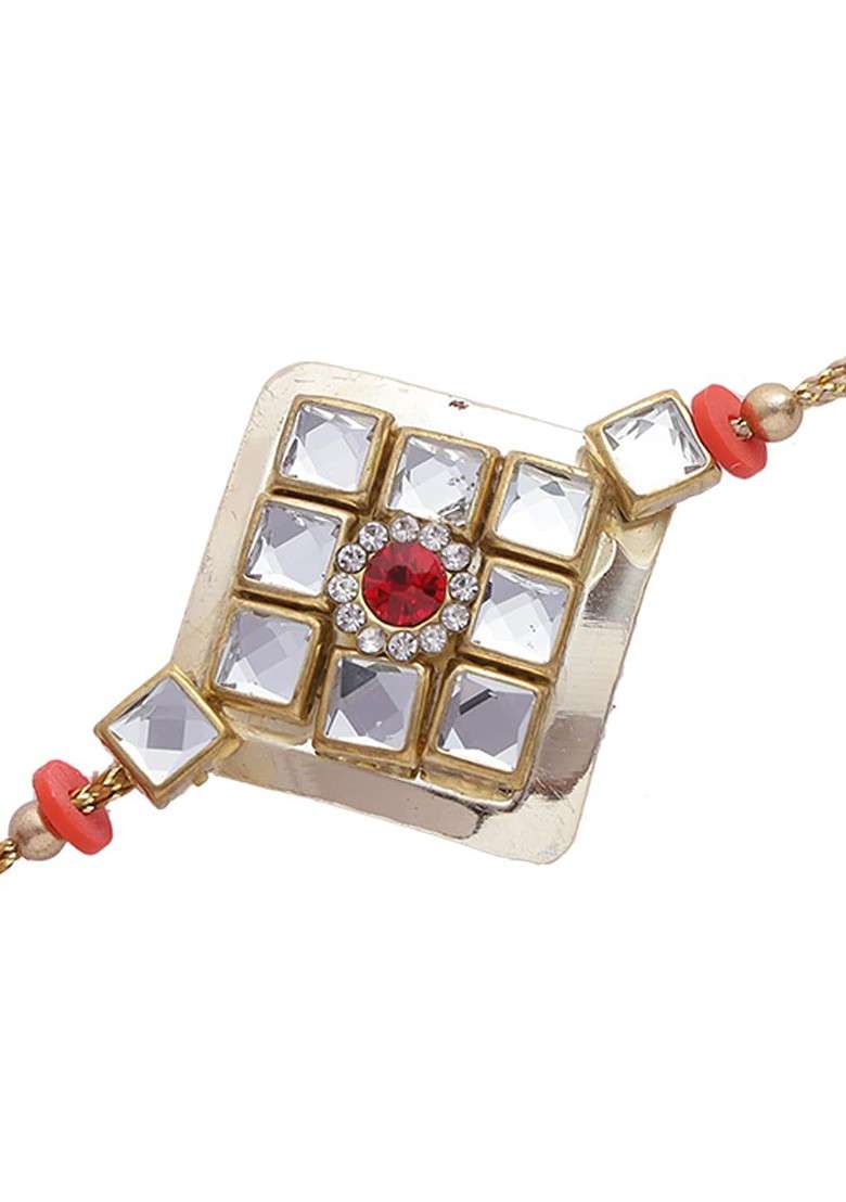Gold Coloured And White Kundan Studded Thread Rakhi With Roli Chawal And Raksha Bandhan Greeting Card - Indya