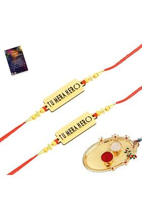 Set Of 2 Red And Gold Rakhi With Pooja Thali Roli Chawal And Greeting Card