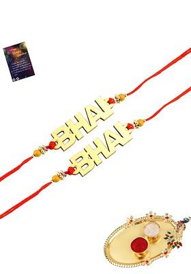 Red And Gold Toned 2 Rakhi With Pooja Thali Roli Chawal And Greeting Card