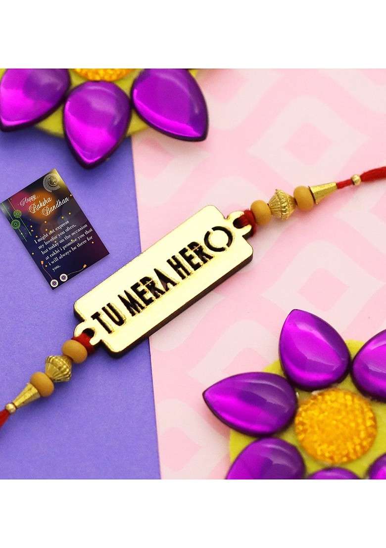 Set Of 2 Red And Gold Toned Rakhi With Roli Chawal And Greeting Card - Indya