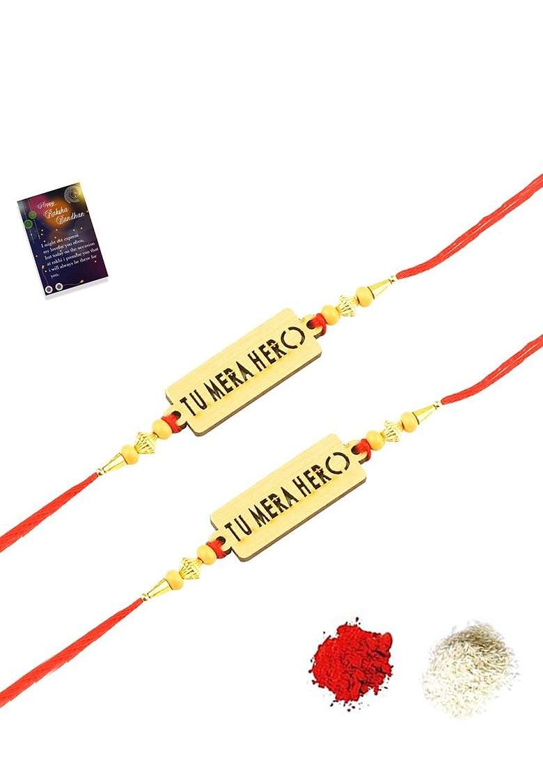 Set Of 2 Red And Gold Toned Rakhi With Roli Chawal And Greeting Card - Indya