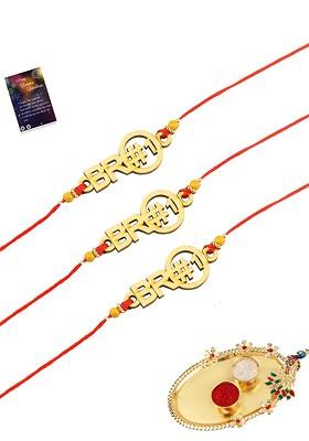 Set Of 3 Red And Gold Toned Rakhi With Roli Chawal Pooja Thali And Greeting Card