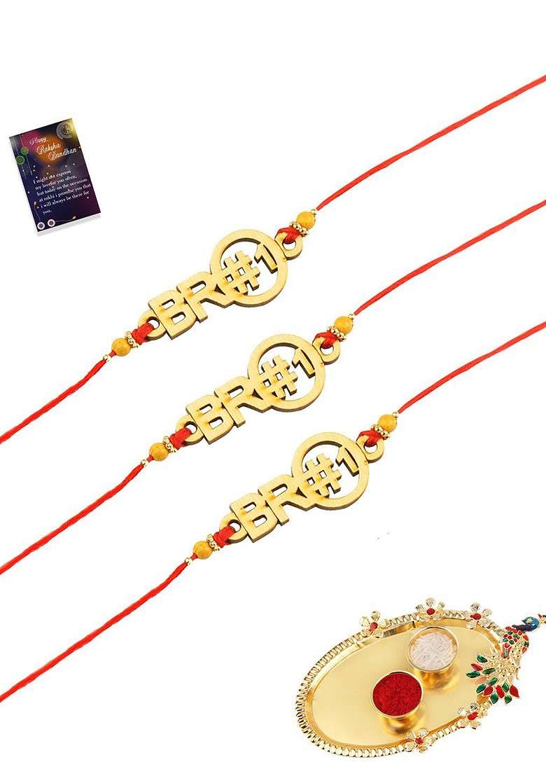 Set Of 3 Red And Gold Toned Rakhi With Roli Chawal Pooja Thali And Greeting Card - Indya