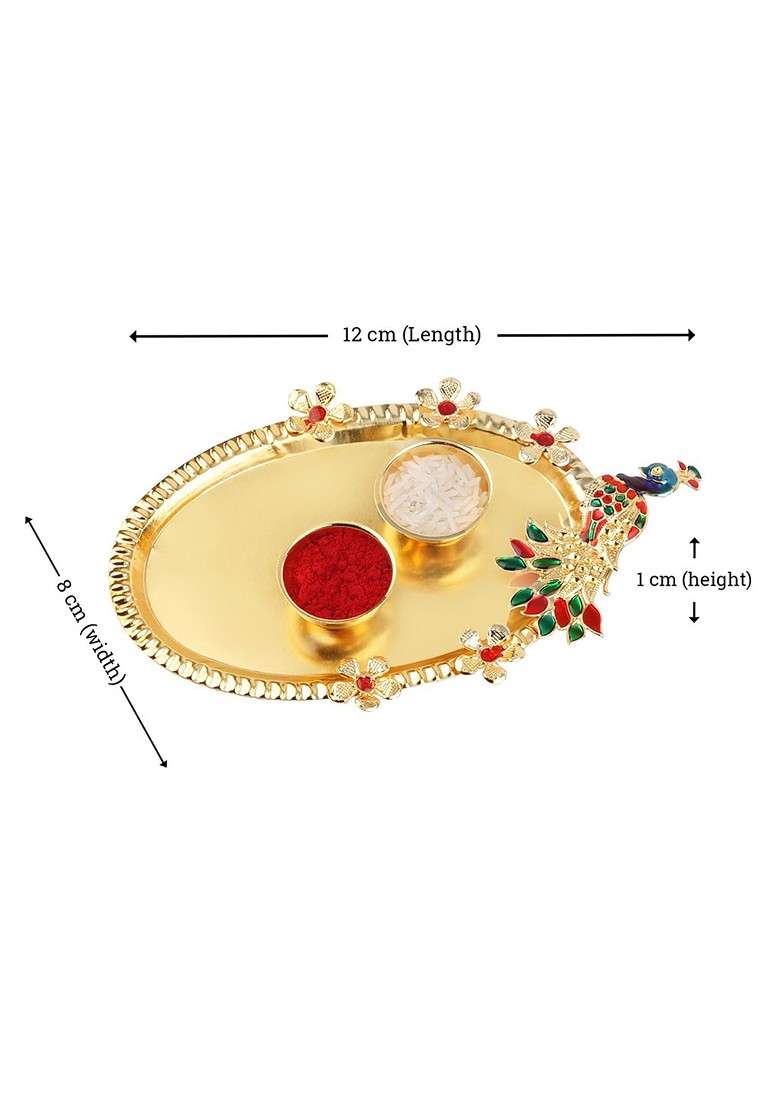 Set Of 3 Red And Gold Toned Rakhi With Roli Chawal Pooja Thali And Greeting Card - Indya