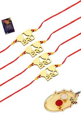 El Regalo Set Of 4 Red And Gold Toned Rakhi With Roli Chawal Pooja Thali And Greeting Card