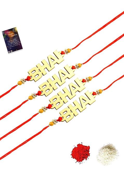 El Regalo Gold Toned And Red 4 Rakhi With Roli Chawal Greeting Card