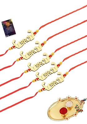 Pack Of 5 Rakhi With Roli Chawal And Greeting Card Pooja Thali