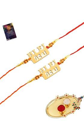 Gold Toned And Red 2 Rakhi With Pooja Thali Roli Chawal Greeting Card