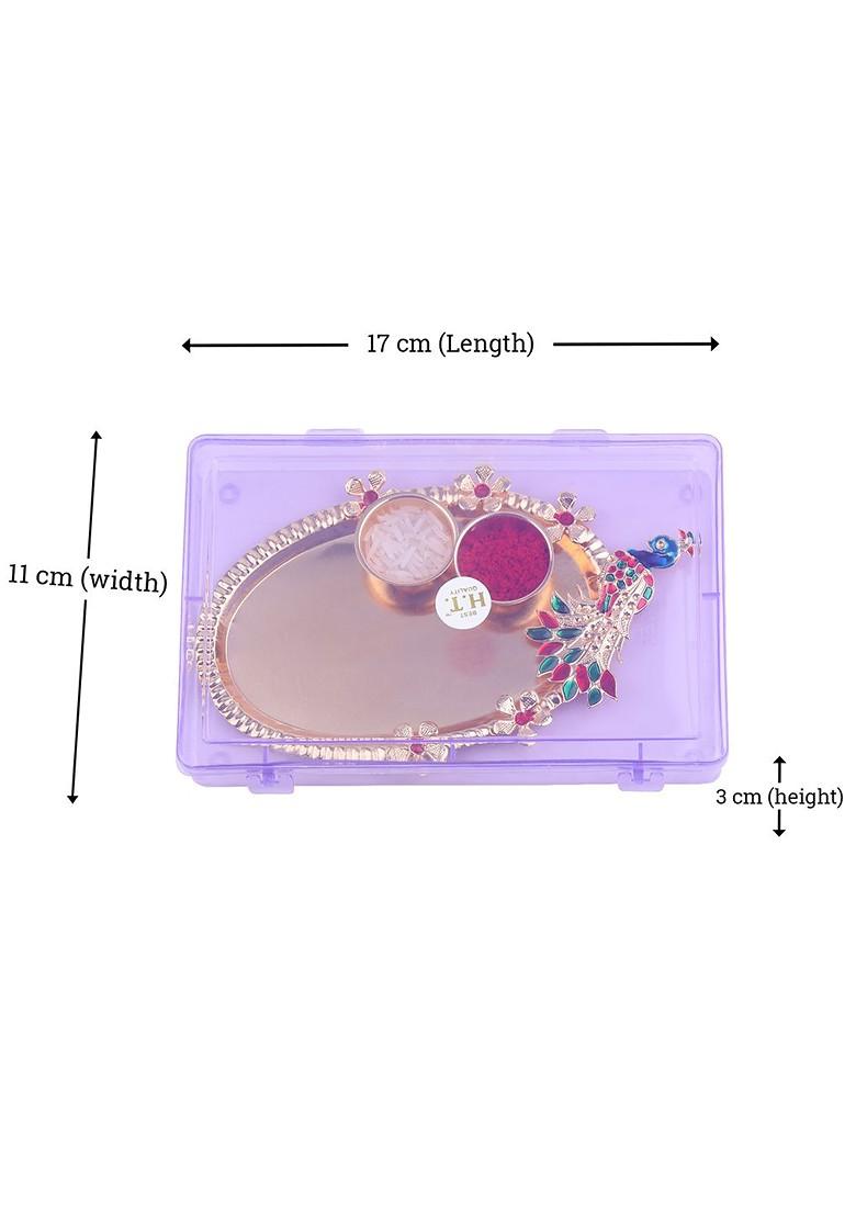 Gold Toned And Red 2 Rakhi With Pooja Thali Roli Chawal Greeting Card - Indya