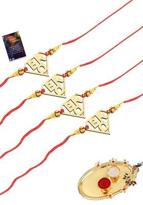 Gold Toned And Red Set Of 4 Rakhi Pooja Thali Roli Chawal And Greeting Card