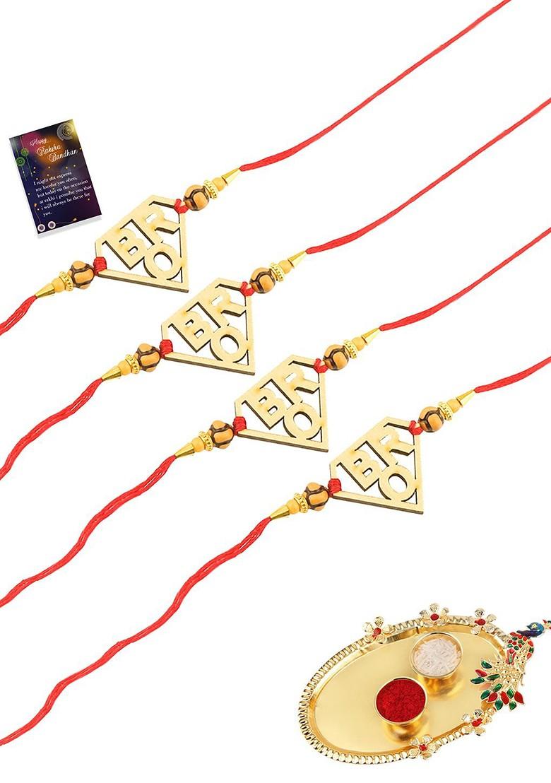 Gold Toned And Red Set Of 4 Rakhi Pooja Thali Roli Chawal And Greeting Card
