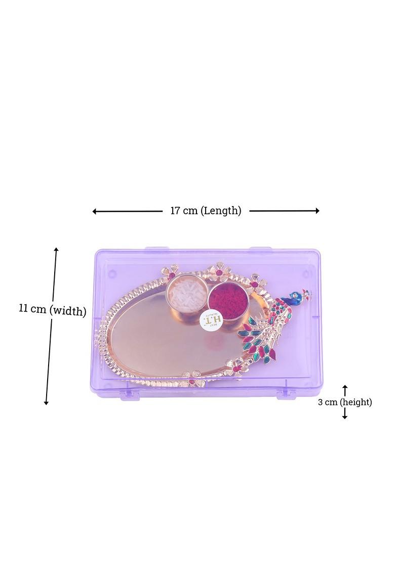 Gold Toned And Red Set Of 4 Rakhi Pooja Thali Roli Chawal And Greeting Card