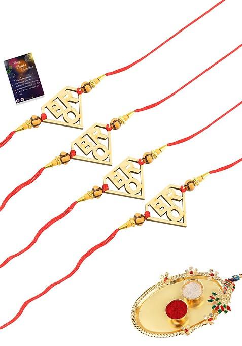 Gold Toned And Red Set Of 4 Rakhi Pooja Thali Roli Chawal And Greeting Card